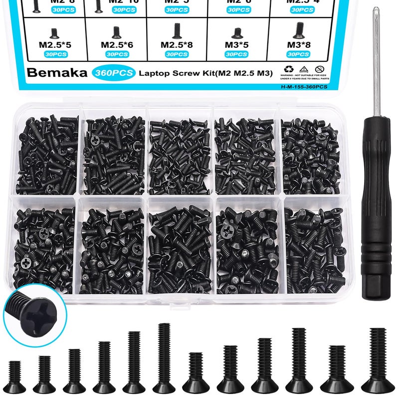 Bemaka 360Pcs Laptop Screws Notebook Computer Tiny Screw Kit 12 Sizes M2 M2.5 M3 Laptop Replacement Computer Screws for Motherboard SSD PC Fan Hard Drive - Image 1